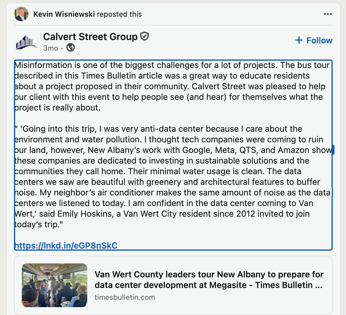 Calvert Street Group LinkedIn post about a data center bus tour in Van Wert County